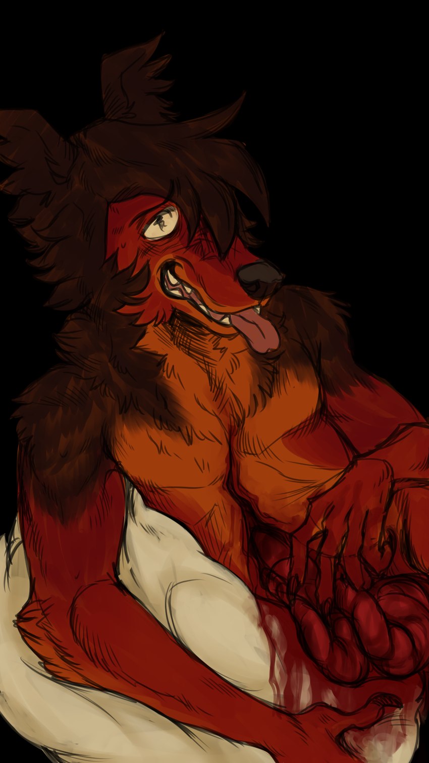 anthro blood bodily_fluids brown_body brown_fur brown_hair fur gore gore_focus guts hair intestines male orange_body orange_fur organs pillow red_body red_fur simple_background smile solo tongue tongue_out transparent_background puppy_meats canid canine mammal 9:16 alpha_channel hi_res
