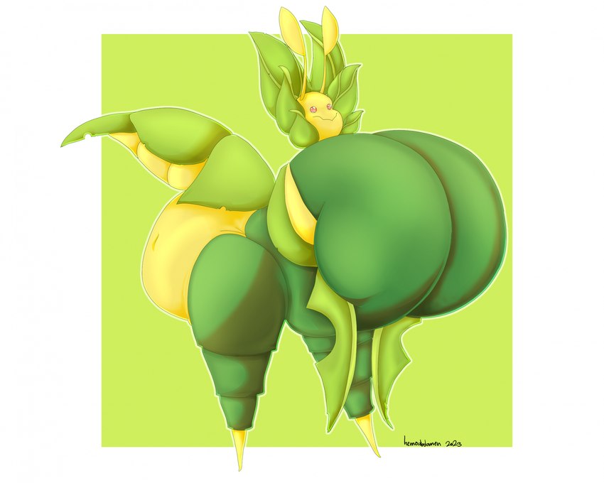 antennae_(anatomy) anthro big_breasts breast_squish breasts featureless_breasts female green_body huge_breasts hyper hyper_breasts leaf leaf_arms orange_eyes smile solo squish hemoabdomen nintendo pokemon arthropod generation_5_pokemon insect leavanny pokemon_(species) 2023 hi_res