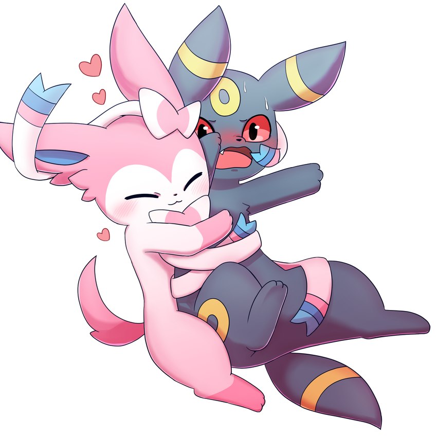 ambiguous/ambiguous ambiguous_gender black_ears black_tail blue_inner_ear blush cute_fangs daww duo embarrassed eyes_closed fangs feral fur hug hugging_another hugging_from_behind monotone_tail multicolored_ears open_mouth pink_body pink_ears pink_fur pink_tail tail teeth tongue two_tone_ears two_tone_tail yellow_ears yellow_tail sum nintendo pokemon eeveelution generation_2_pokemon generation_6_pokemon pokemon_(species) sylveon umbreon 1:1 hi_res