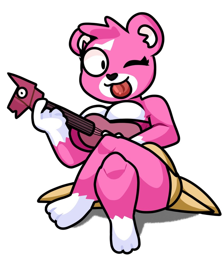 acoustic_guitar female grass_skirt guitar musical_instrument one_eye_closed plucked_string_instrument scar simple_background sitting sitting_on_ground solo string_instrument tongue tongue_out white_background wink lewdewott epic_games fortnite cuddle_team_leader bear mammal hi_res unavailable_at_source