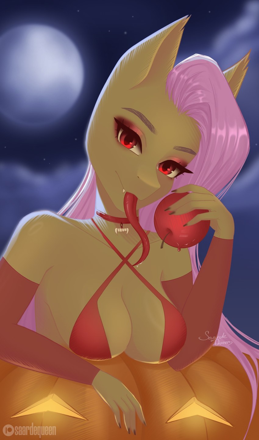 anthro anthrofied apple bikini bottomwear bra breasts cleavage clothed clothing fangs female food front_view fruit full_moon fur hair holidays jack-o'-lantern lingerie long_tongue looking_at_viewer medium_breasts moon outside pink_hair plant red_bra red_clothing red_eyes red_tongue red_underwear smile solo swimwear teeth tongue tongue_out two-piece_swimsuit underwear yellow_body yellow_fur saardequeen friendship_is_magic halloween hasbro my_little_pony mythology flutterbat_(mlp) fluttershy_(mlp) bat_pony equid mammal 2024 hi_res portrait