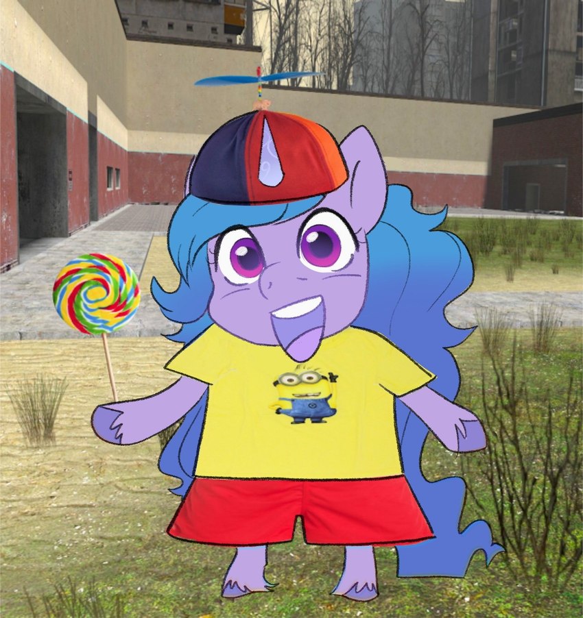 autism biped bipedal_feral blue_hair bottomwear clothing female feral gradient_hair hair hat headgear headwear hooves horn looking_at_viewer open_mouth open_smile propeller_hat purple_eyes purple_hair screencap screencap_background shirt shorts smile solo t-shirt topwear aztrial despicable_me garry's_mod hasbro illumination_entertainment mlp_g5 my_little_pony mythology izzy_moonbow_(mlp) equid equine mammal minion_(despicable_me) mythological_creature mythological_equine unicorn hi_res