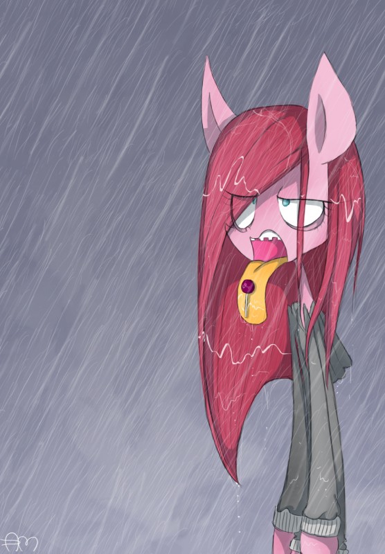 anthro anthrofied blue_eyes candy clothing dessert female food hair hoodie lollipop long_hair outside pink_hair raining solo tongue tongue_out topwear wet yuji8sushi friendship_is_magic hasbro my_little_pony pinkamena_(mlp) pinkie_pie_(mlp) earth_pony equid equine horse mammal pony 2012 hi_res