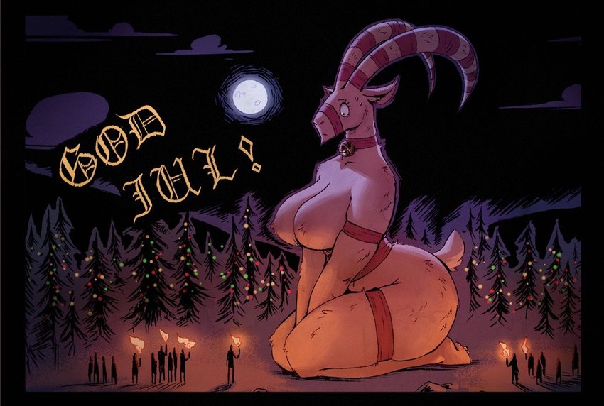 ambiguous_gender anthro bell big_breasts biped black_border border breasts christmas_lights female full_moon fur gift_wrapped group holding_object holding_torch horn huge_breasts jingle_bell kneeling large_group looking_down macro moon naturally_censored night nipple_tuft seiza sitting torch tuft white_body white_fur nibhaaz gaevlebocken bovid caprine goat human mammal 2022