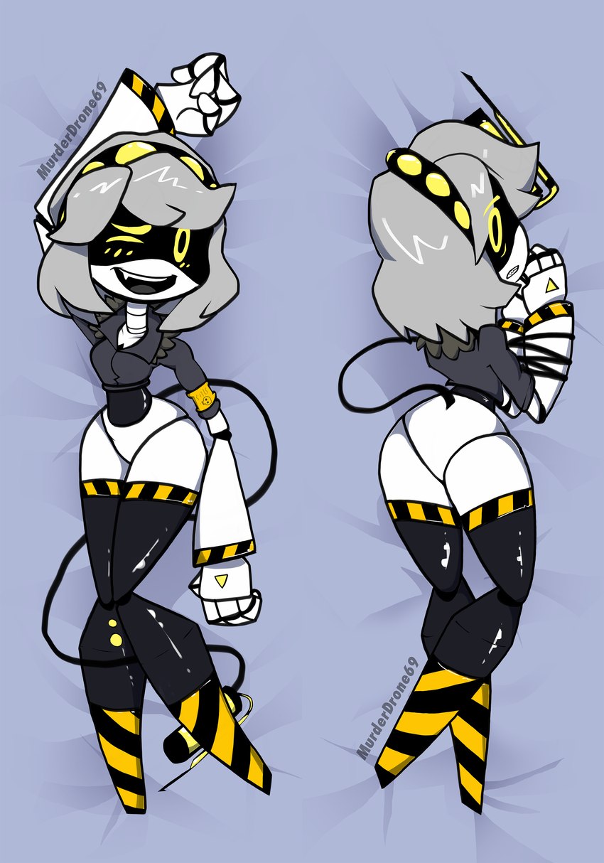 arms_tied black_tail blush bound bracelet butt clothing dakimakura fangs featureless_crotch featureless_feet feet female fingers flat_butt grey_hair hair hazard_stripes jacket jewelry led_light lying machine not_furry on_back on_front one_eye_closed robotic_arms robotic_hands robotic_legs simple_background skull_symbol small_butt small_waist solo syringe tail teeth thick_thighs topwear white_body wide_hips murderdrone69 glitch_productions murder_drones v_(murder_drones) android disassembly_drone humanoid robot robot_humanoid tailed_humanoid absurd_res dakimakura_design hi_res