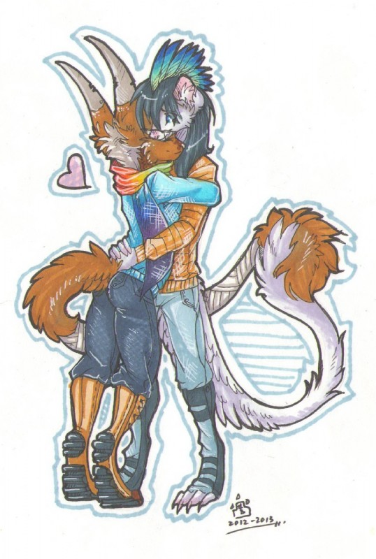 anthro duo eyewear feathers female glasses hug male rainbow grostenmeiers aita richter felid mammal mustelid musteline stoat true_musteline weasel hi_res traditional_media_(artwork)