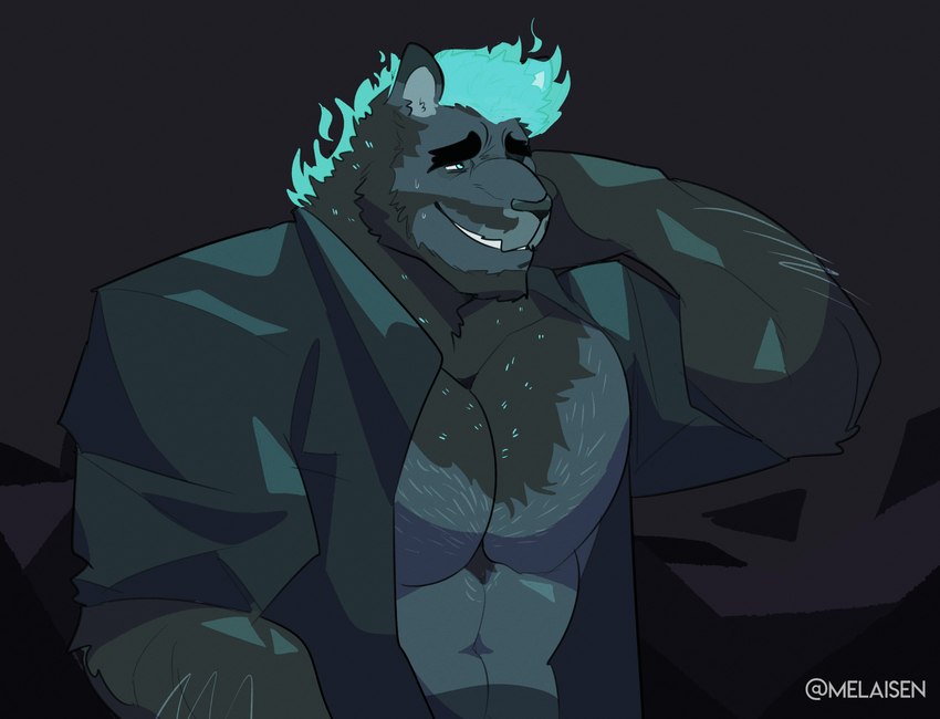 anthro barazoku black_eyebrows blue_fire blue_hair clothing colored_fire eyebrows fire flaming_hair fur grin hair jacket male male_anthro muscular muscular_anthro muscular_male pseudo_hair smile solo teal_body teal_clothing teal_fur teal_jacket teal_topwear teeth topwear melaisen bernard_(melaisen) demon felid feline mammal pantherine 2021 absurd_res artist_name digital_drawing_(artwork) digital_media_(artwork) half-length_portrait hi_res portrait