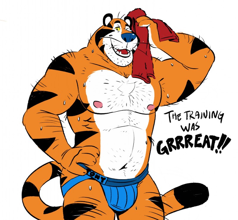 anthro barazoku bodily_fluids bulge clothing countershading jockstrap male mascot muscular muscular_anthro muscular_male nipples shoulder_hair simple_background solo sweat text underwear white_background spazz_bear frosted_flakes kellogg's tony_the_tiger felid mammal pantherine tiger 2020 absurd_res english_text hi_res