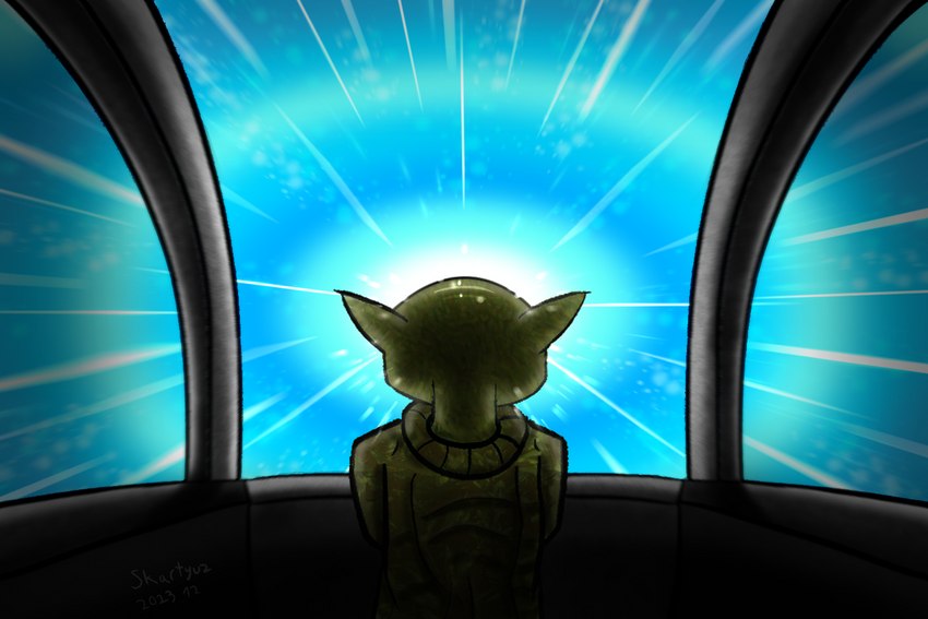 anthro clothed clothing green_body hyperspace looking_back male simple_background solo space spacecraft vehicle skartyuz star_wars yoda alien alien_humanoid humanoid mammal yoda's_species 3:2 digital_media_(artwork)