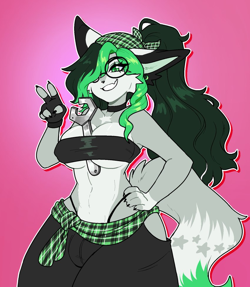 anthro bangs between_breasts biped black_clothing black_thong black_underwear bottomwear breasts bulge checkered checkered_clothing cleavage clothed clothing collar crop_top ear_piercing eyelashes eyeshadow fingerless_(marking) fingerless_gloves fingerless_gloves_(marking) fluffy fluffy_tail fur gauged_ear gloves gloves_(marking) green_body green_eyes green_fur green_hair grin gynomorph gynomorph_anthro hair hair_over_eye handwear headgear headwear inner_ear_fluff intersex intersex_anthro jewelry legwear long_hair makeup markings multicolored_body multicolored_fur multicolored_hair nails narrowed_eyes object_between_breasts one_eye_obstructed pattern_clothing piercing plaid plaid_clothing shirt simple_background smile snout solo spikes standing tail teeth teeth_showing thick_thighs thong thong_straps tools topwear tube_top tuft two_tone_body two_tone_fur two_tone_hair two_tone_tail underwear wavy_hair wide_hips wrench eixy sushimi canid canine fennec_fox fox mammal true_fox hi_res female_(lore) herm_(lore)