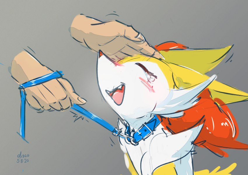 ambiguous_gender anthro blue_collar blue_leash blush bodily_fluids collar collar_only crying disembodied_hand duo ears_back eyes_closed fur grey_background headpat inner_ear_fluff leash leashed_collar multicolored_body nude number open_mouth open_smile orange_inner_ear_fluff petting pink_tongue pivoted_ears simple_background smile tears tears_of_joy text tongue tuft two_tone_body white_body white_fur yellow_body yellow_ears yellow_fur discocci nintendo pokemon braixen generation_6_pokemon human mammal pokemon_(species) 2020 dated signature