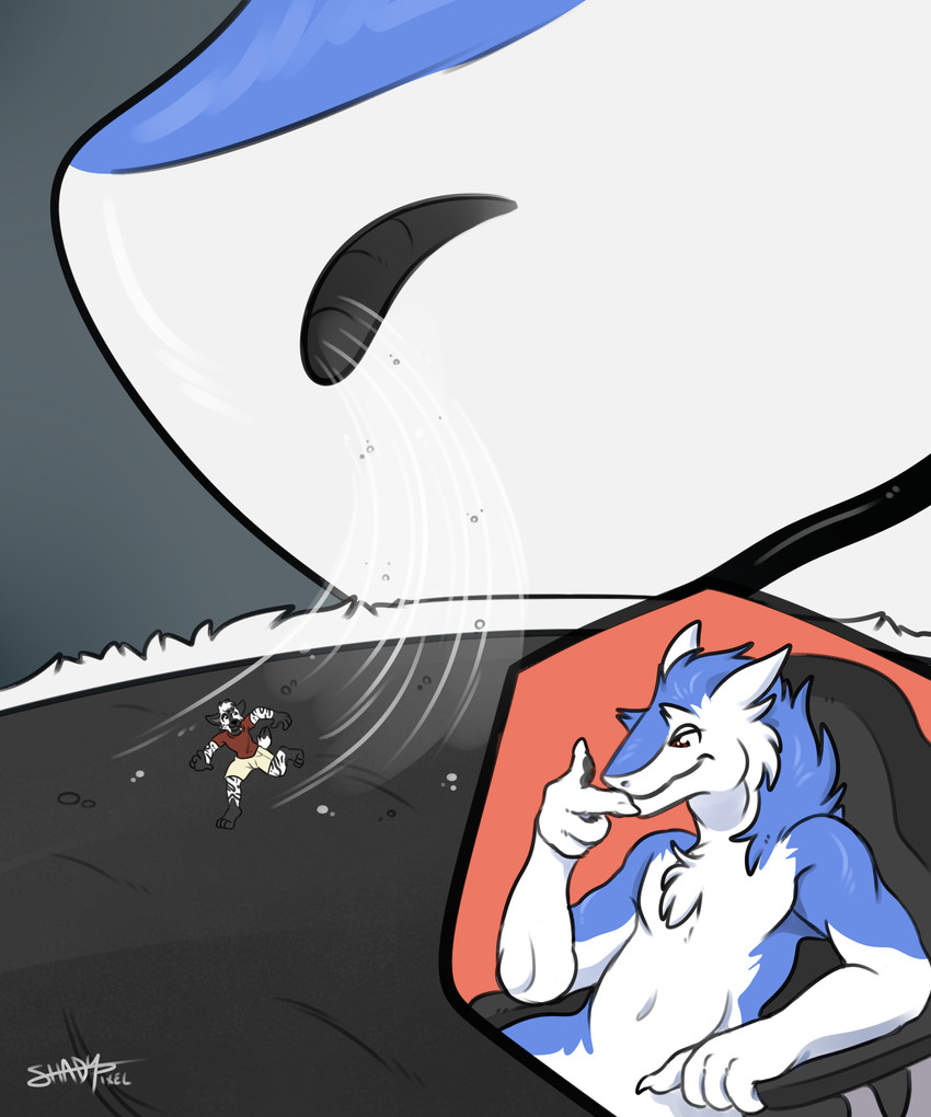 anthro black_body black_fur blue_body blue_fur chair duo extreme_size_difference fur furniture male male/male micro nano sitting size_difference sniffing tail white_body white_fur shadypixel sergal_(dylanstrategie) vix_(vixivus) hyena mammal sergal 5:6 hi_res