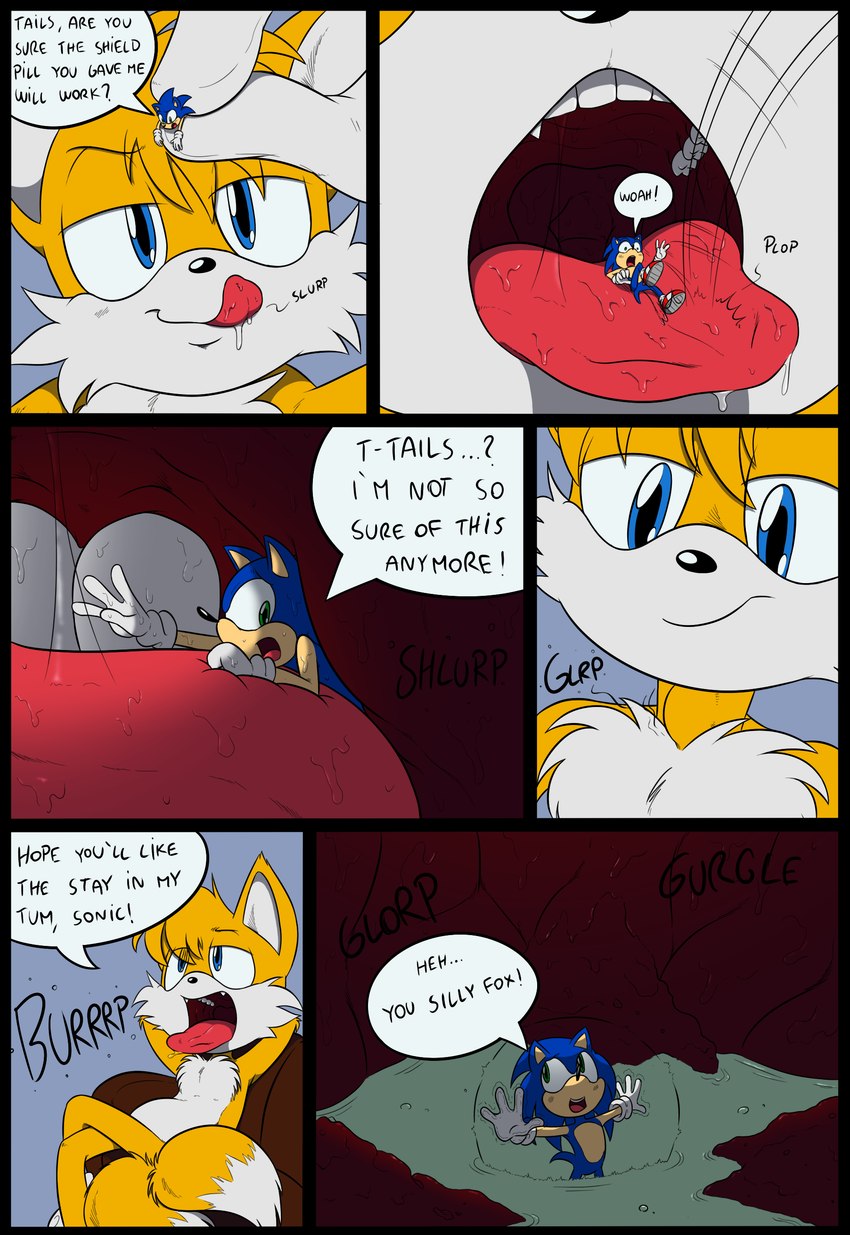 anthro anthro_pred burping dialogue dipstick_tail duo extreme_size_difference male male/male markings micro mouth_shot open_mouth oral_vore size_difference speech_bubble tail tail_markings text tongue tongue_out vore young sparky_the_chu sega sonic_the_hedgehog_(series) miles_prower sonic_the_hedgehog absurd_res comic english_text hi_res