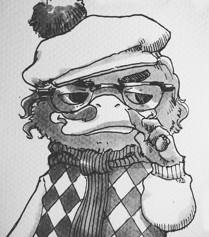 anthro biped clothed clothing eyewear facial_hair glasses hat headgear headwear male mustache scarf simple_background solo sweater sweater_vest topwear vest you_miichi nairi_(series) bartender_(nairi) anatid anseriform avian bird duck 2017 monochrome