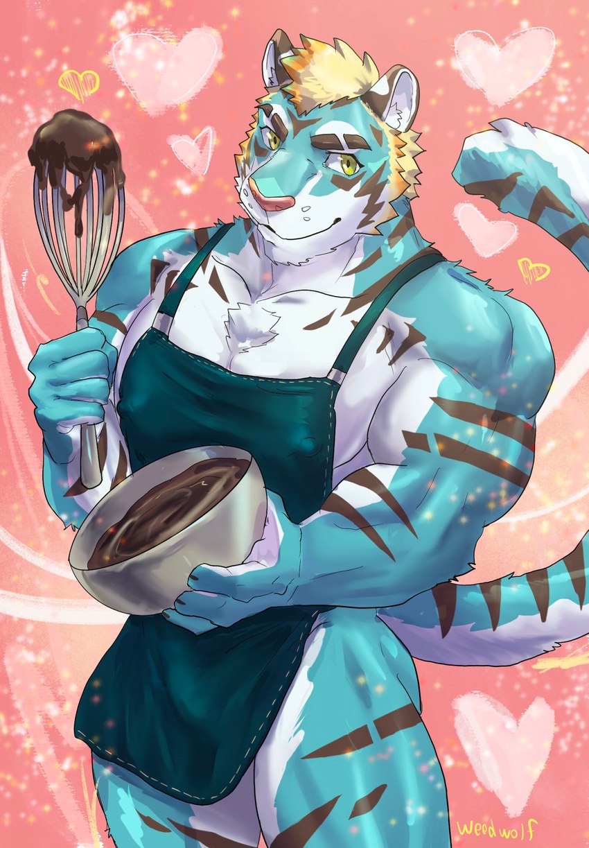 anthro apron apron_only baking biceps blonde_hair blue_body blue_fur butt candy chocolate clothing cooking dessert food fur green_eyes hair male mixing_bowl muscular muscular_anthro muscular_male pecs solo striped_body striped_fur stripes weedwolf lifewonders live_a_hero rexer felid mammal pantherine tiger hi_res