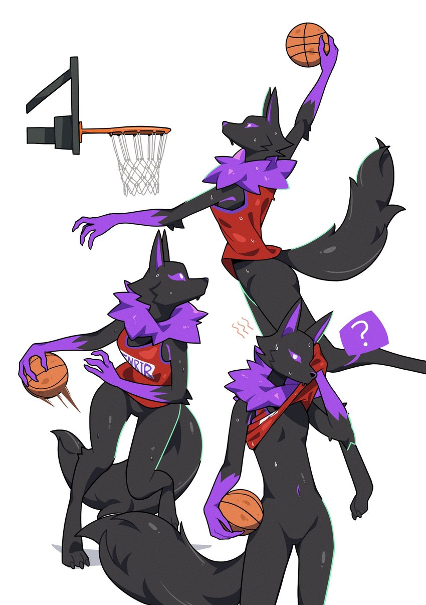 3_toes anthro ball barefoot basketball_(ball) basketball_uniform black_body black_fur bodily_fluids bottomless breasts claws clothed clothing digitigrade feet female fur jumping looking_at_viewer navel purple_body purple_eyes purple_fur question_mark simple_background sportswear sweat text toes uniform nulia fen_(el-k) alien canid canine canis mammal wolf 2024 english_text hi_res