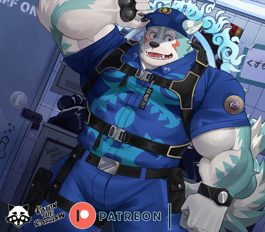 anthro biceps clothing gesture male muscular muscular_anthro muscular_male police police_hat police_officer police_uniform salute solo uniform ratontheraccoon asian_mythology east_asian_mythology japanese_mythology lifewonders mythology tokyo_afterschool_summoners oguchi_magami_(tas) canid canine canis mammal wolf hi_res