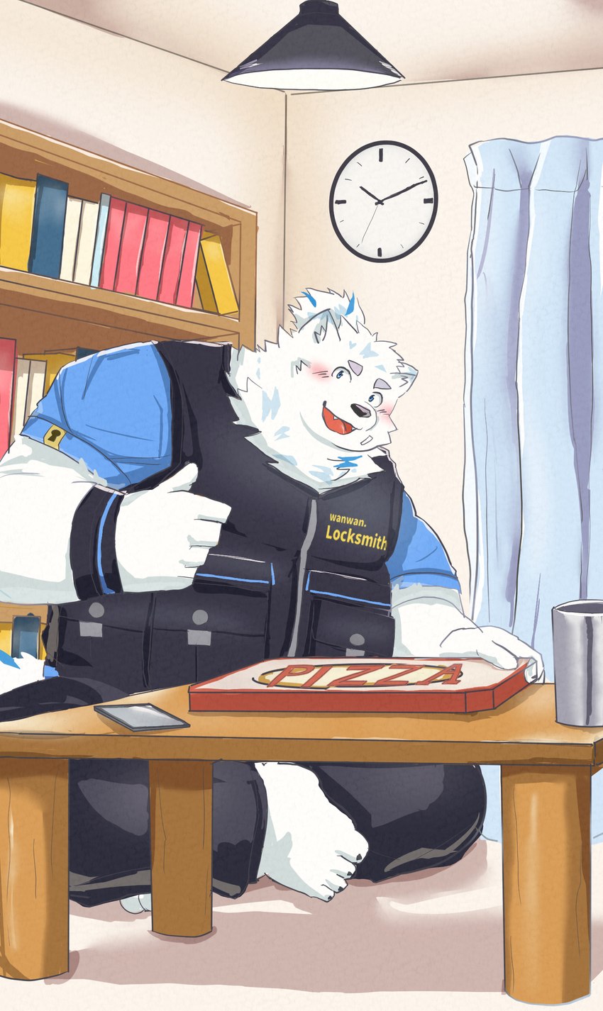 anthro barefoot blue_eyes blush clothing feet food fur furniture hair looking_at_viewer male overweight pizza ponytail sitting solo table topwear vest white_body white_fur oyusan_oekaki lifewonders live_a_hero yohack canid canine canis domestic_dog mammal nordic_sled_dog samoyed spitz hi_res