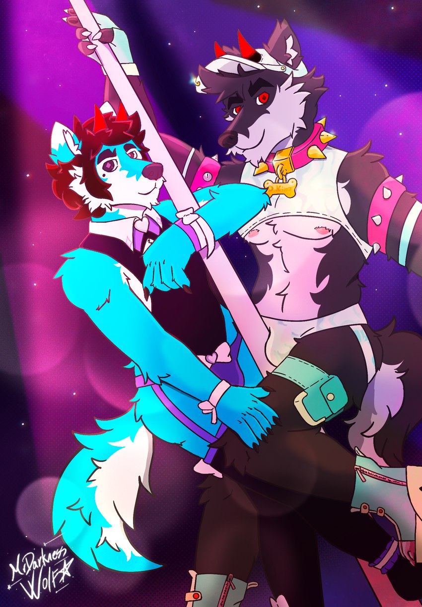 anthro bulge clothed clothed_anthro clothed_male clothing collar dancing duo gear jockstrap lingerie male male/male pole pole_dancing seductive skimpy spiked_collar spikes stripper stripper_pole striptease underwear mrdarknesswolf dantalos mrdarknesswolf_(character) canid canine canis demon hybrid mammal wolf hi_res
