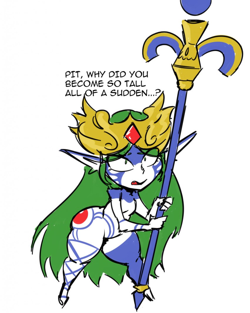 after_transformation alternate_species confusion crown dialogue female green_hair hair headgear markings short_stack solo staff text thick_thighs dunnhier1 kid_icarus nintendo the_legend_of_zelda palutena humanoid imp twili english_text hi_res