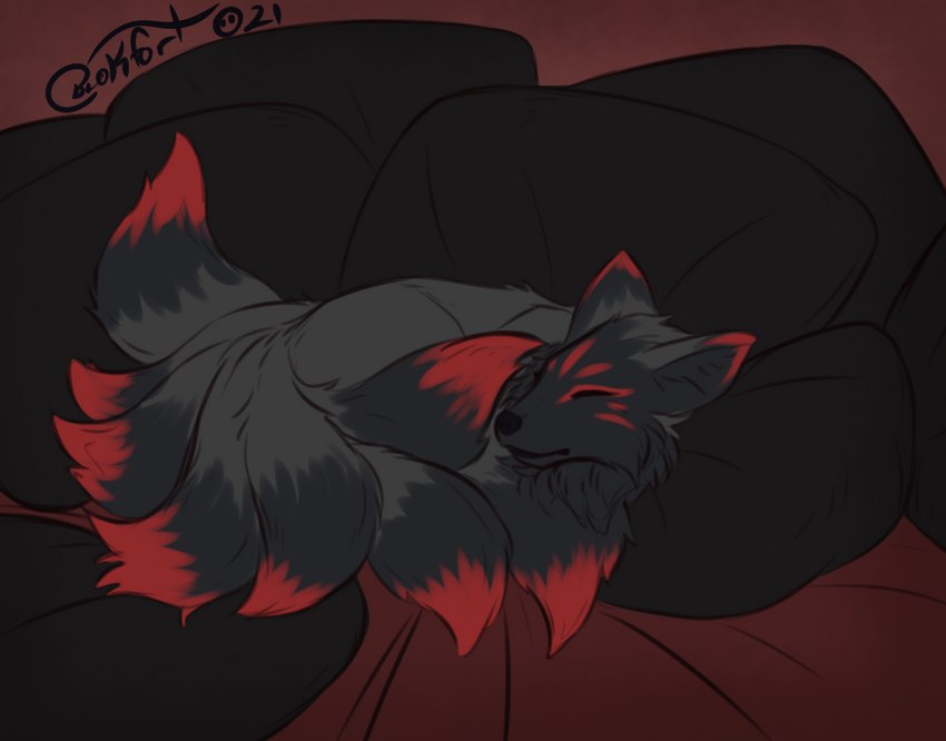 bed black_body black_fur female feral fur furniture markings multi_tail pillow red_markings sleeping solo tail blokfort nasuka_(blokfort) canid canine fox mammal 2021