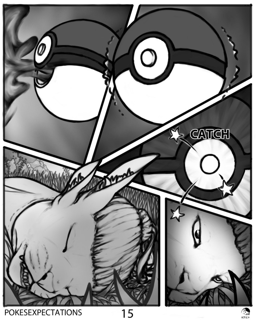 4_ears anthro eyes_closed female hair multi_ear pokeball solo tied_hair unconscious waking_up yojek163 guild_wars nintendo pokemon charr felid feline mammal 2021 4:5 comic greyscale hi_res monochrome