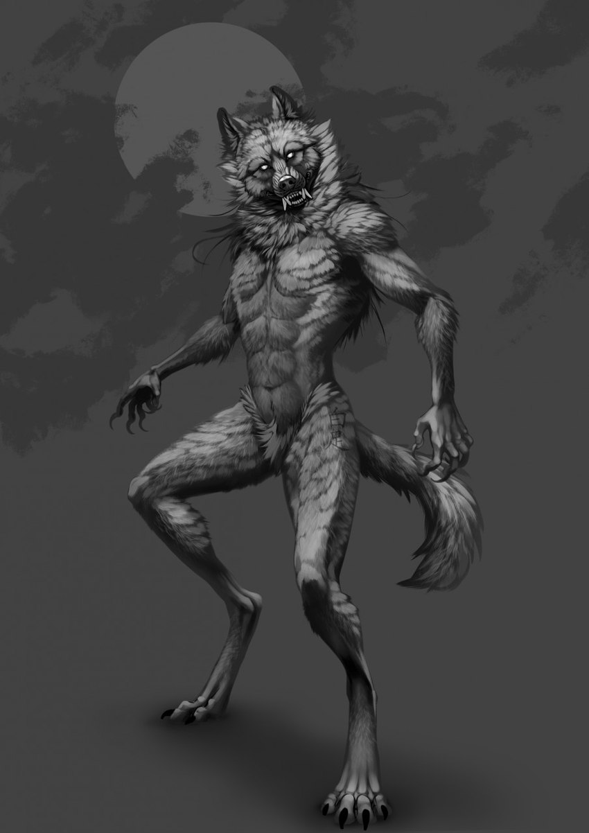 4_toes 5_fingers abs angry anthro athletic athletic_anthro athletic_male bared_teeth claws detailed_fur digitigrade feet fingers fluffy full_moon fur lips looking_at_viewer male mane moon navel nude open_mouth paws pecs ready_to_fight simple_background slim snarling solo standing tail teeth toe_claws toes shiroashi mythology canid canine canis mammal mythological_canine mythological_creature were werecanid werecanine werewolf wolf detailed hi_res monochrome shaded