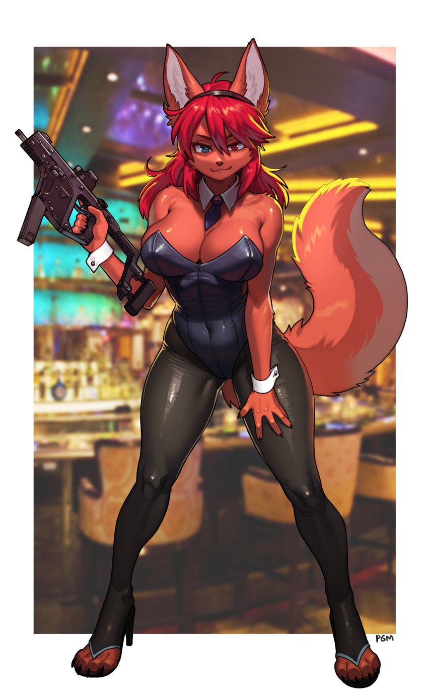 anthro blue_eyes bunny_costume claws clothed clothing costume female finger_claws fur gun hair heterochromia holding_object holding_weapon kriss_vector playboy_bunny playboy_outfit ranged_weapon red_body red_eyes red_fur red_hair solo submachine_gun tail toe_claws weapon pgm300 silvia_(silv_tsune) canid canine mammal 2023 absurd_res hi_res