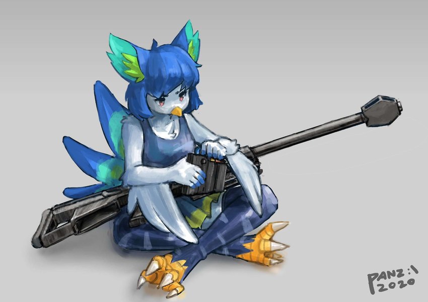 4_toes 5_fingers ammunition anthro beak blue_hair bottomwear breasts chest_tuft clothing feathers feet female fingers fur grey_background gun hair inner_ear_fluff legwear magazine_(gun) pink_eyes ranged_weapon reloading rifle shirt simple_background skirt sniper_rifle solo talons thigh_highs toes topwear tuft weapon white_body white_fur unknown_artist perico avian bird 2020 hi_res