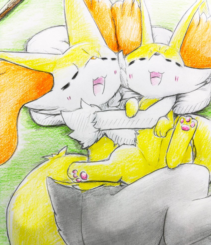 ambiguous_gender anthro blush blush_lines duo eyes_closed featureless_crotch feral fur grey_body grey_fur hug inner_ear_fluff lying on_back on_grass on_side open_mouth orange_body orange_fur pawpads paws pillow spread_legs spreading stick tongue tuft white_body white_fur yellow_body yellow_fur eiroru nintendo pokemon braixen canid canine fennekin generation_6_pokemon mammal pokemon_(species) 2023 graphite_(artwork) hi_res traditional_media_(artwork)