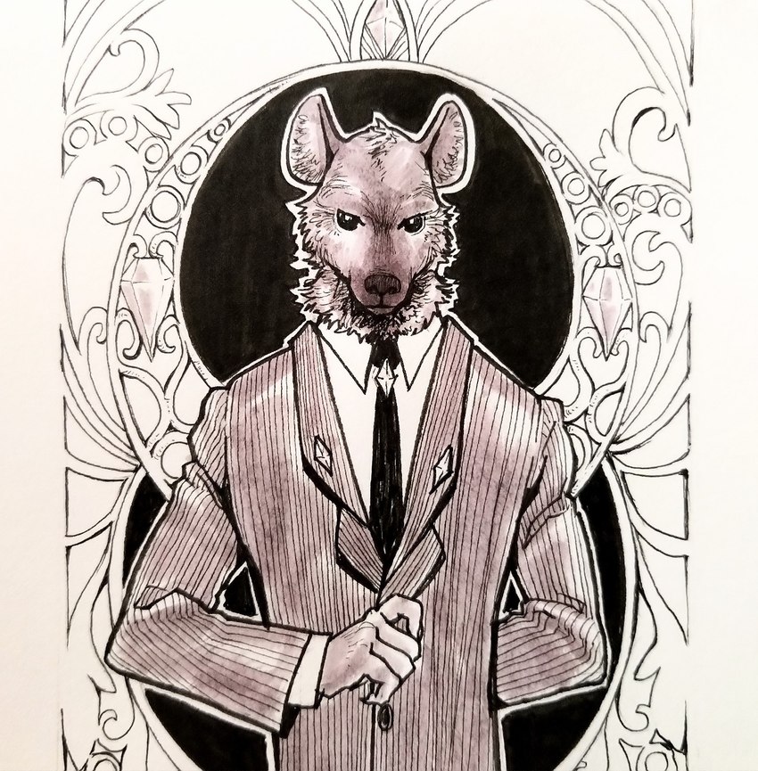 anthro clothed clothing dress_shirt front_view fur looking_at_viewer male necktie shirt solo suit suit_jacket topwear upper_body artsynada the_wandering_inn alrric_kerrfa gnoll hyena mammal greyscale hi_res monochrome