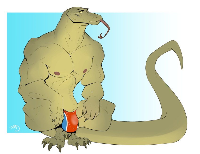 anthro balls bulge clothing crouching detailed_bulge genitals long_tongue male muscular muscular_anthro muscular_male nipples non-mammal_balls solo speedo swimwear tongue tongue_out dragondrawer lizard reptile scalie hi_res