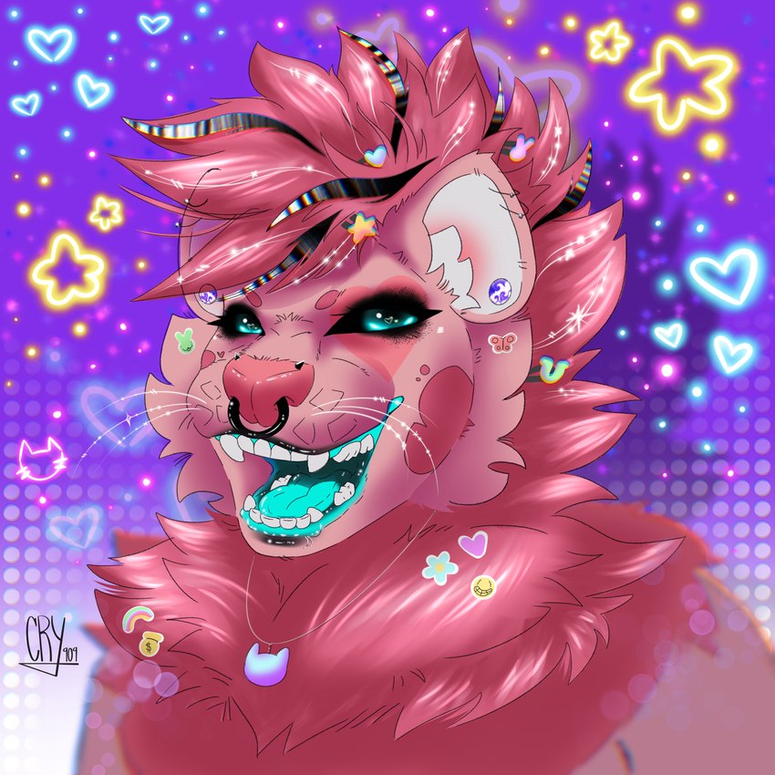 alternative_fashion ambiguous_gender anthro blue_eyes blue_mouth blue_tongue emo female fur glitter happy open_mouth piercing pink_body pink_fur solo stickers_on_body tongue y2k cry_909 felid lion mammal pantherine 1:1 hi_res icon