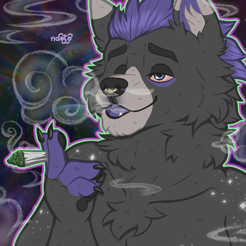 anthro cosmic_background drugs fumes male marijuana marijuana_blunt marijuana_fumes red_eyes smoke smoking smoking_marijuana solo star stoned substance_intoxication naoto canid canine canis mammal wolf 1:1 absurd_res hi_res