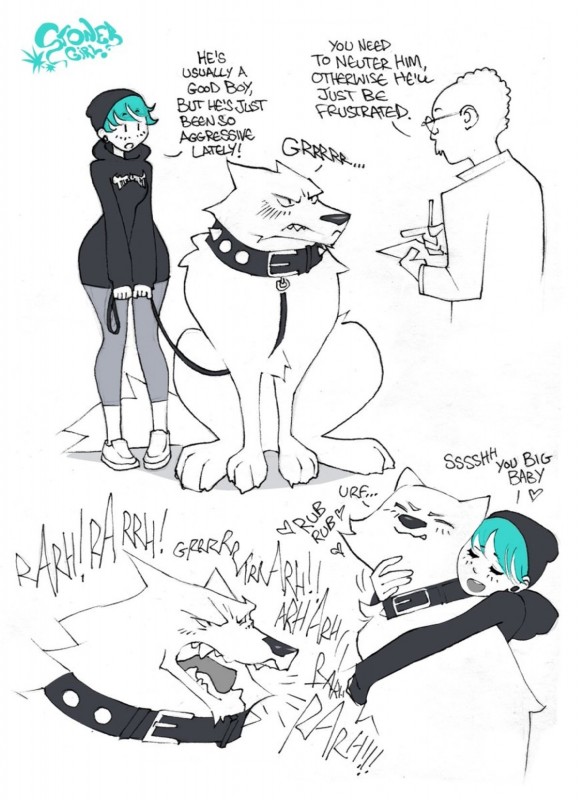 blue_hair clothing collar dialogue female feral hair hoodie leash male text topwear fangdangler stoner_girl_(fangdangler) canid canine canis domestic_dog human mammal comic english_text hi_res