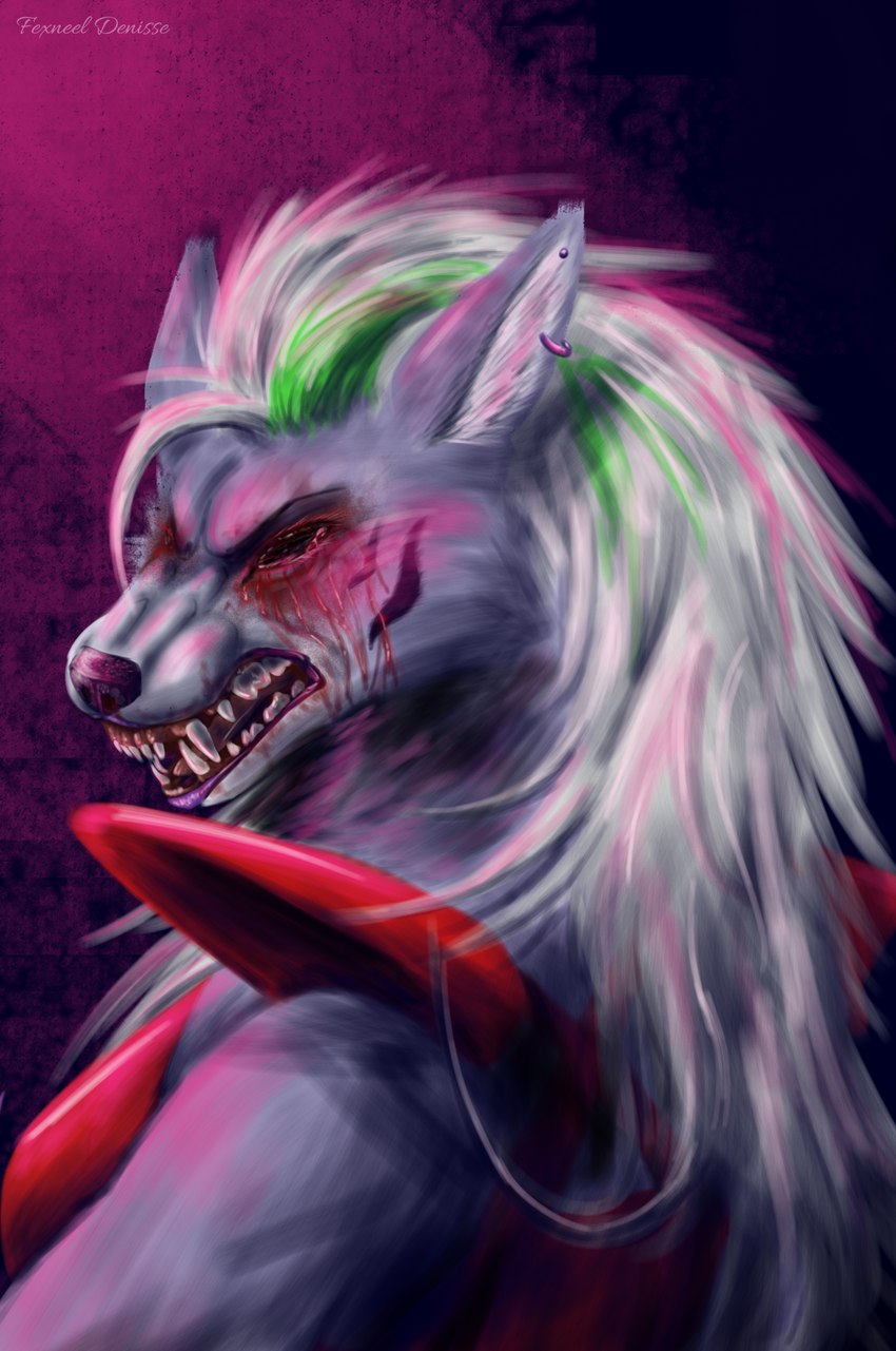 anthro blind blood blood_on_face bodily_fluids disability ear_piercing ear_ring eye_gouge fangs female fluffy_ears fur gore hair piercing ring_piercing snarling snout solo teeth white_hair fexneel_denisse five_nights_at_freddy's five_nights_at_freddy's:_security_breach scottgames steel_wool_studios roxanne_wolf canid canine canis mammal wolf 2022 digital_media_(artwork) hi_res watermark