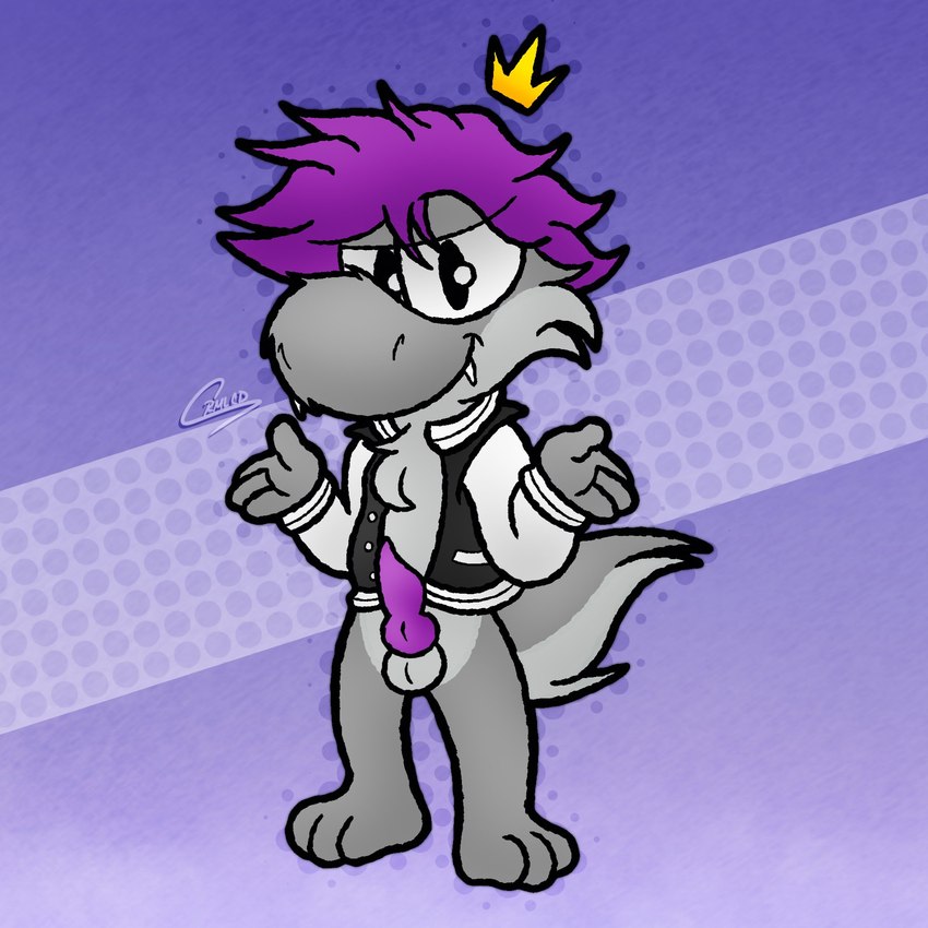 anthro balls bottomless clothed clothing crown erection fangs fluffy fur genitals gesture hair headgear jacket jacket_only knot male paws penis shrug simple_background smile solo tail teeth text topwear topwear_only crmlcd krmkng mario_bros nintendo king_(crmlcd) furred_yoshi yoshi 1:1 english_text hi_res