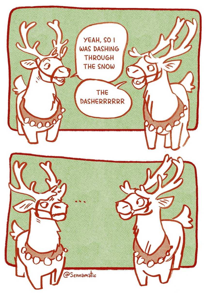 ambiguous_gender antlers bell border dialogue duo ellipsis feral frown fur green_background harness holidays horn humor looking_at_another muzzle_(object) open_mouth simple_background smile talking_to_another text tuft two_frame_image two_frame_sequence white_border sennamatic bro_visited_his_friend christmas deer mammal new_world_deer reindeer 2024 comic english_text hi_res meme multiple_scenes restricted_palette