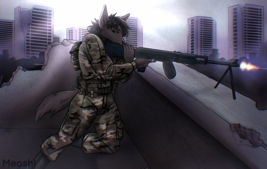 aiming anthro army army_uniform black_body clothed clothing detailed_background gun holding_object holding_weapon light_machine_gun male marksman military ranged_weapon rpk rpkm shooting soldier solo tail warrior weapon meosh canid canine canis mammal wolf