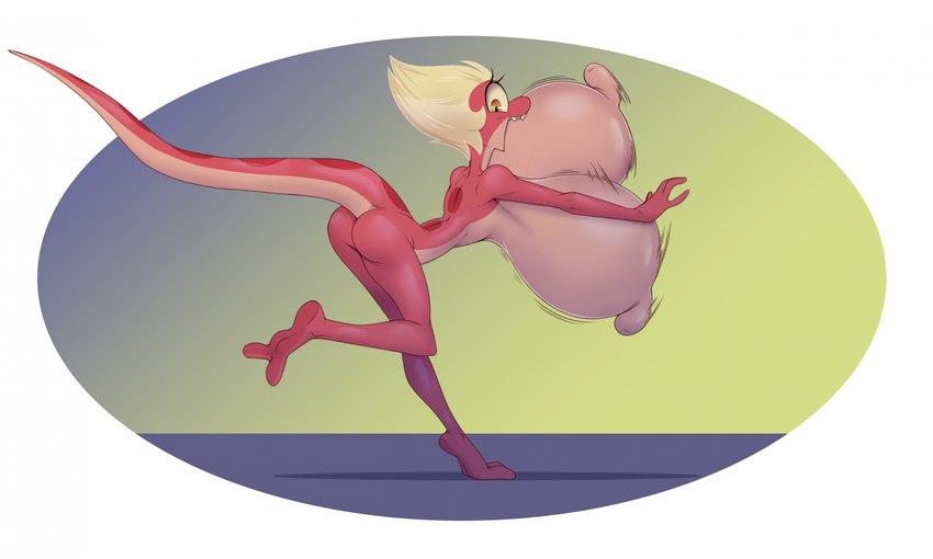 2_toes anthro big_breasts blonde_hair bouncing_breasts breasts butt feet female hair huge_breasts hyper hyper_breasts looking_at_viewer multicolored_body nipples non-mammal_breasts non-mammal_nipples open_mouth soles solo toes two_tone_body sbshouseofpancakes amphibia_(series) disney general_yunan amphibian newt salamander hi_res