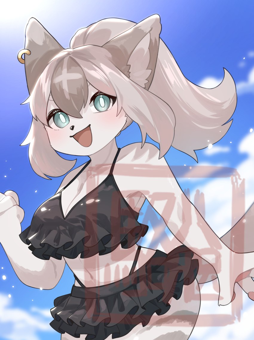 4_fingers anthro big_breasts bikini bikini_skirt black_bikini black_clothing black_swimwear breasts brown_body brown_fur brown_hair cleavage clothed clothing cloud ear_piercing ear_ring female female_anthro fingers fur green_eyes hair kemono looking_at_viewer midriff navel open_mouth open_smile pawpads piercing pink_pawpads ring_piercing ruffled_bikini smile solo standing striped_body striped_fur stripes swimwear two-piece_swimsuit kawarage_yatano felid feline mammal 2022 absurd_res hi_res watermark