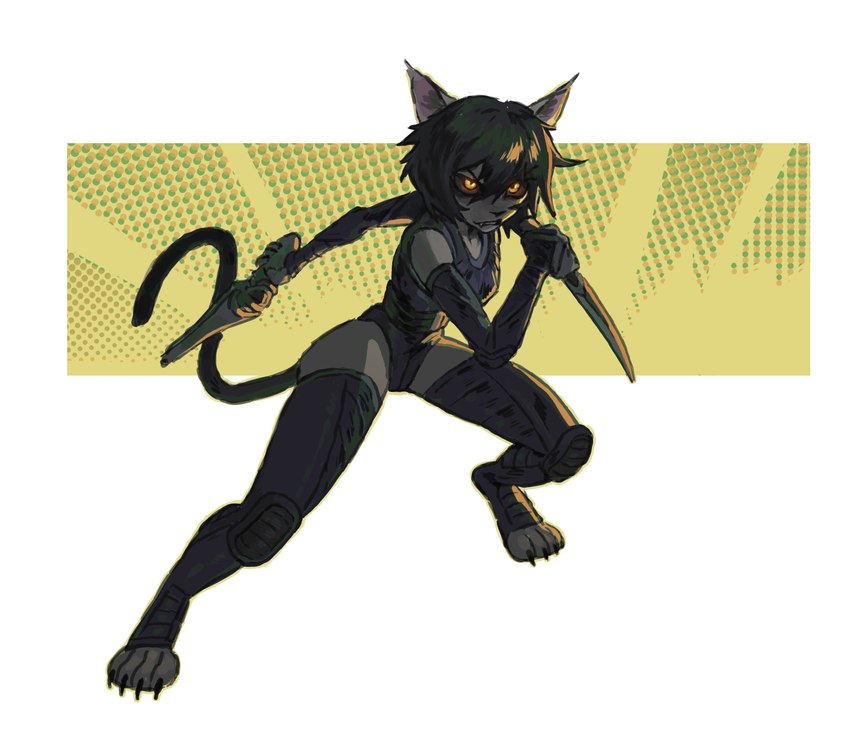 4_toes abstract_background anthro armwear black_armwear black_clothing black_elbow_gloves black_gloves black_hair black_handwear black_legwear black_leotard black_nose black_sclera black_thigh_highs breasts claws clothed clothing digitigrade elbow_gloves eyebrows eyelashes feet female fighting_pose fingers fur gloves grey_body grey_fur gun hair handgun handwear holding_gun holding_handgun holding_knife holding_object holding_ranged_weapon holding_revolver holding_weapon knee_pads knife legwear leotard looking_at_viewer open_mouth pose pupils ranged_weapon revolver short_hair slit_pupils solo standing tail teeth thigh_highs three-quarter_view toe_claws toes weapon wide_stance yellow_eyes 4chan_anon alien felid mammal 2025 cel_shading digital_media_(artwork) full-length_portrait hi_res portrait shaded