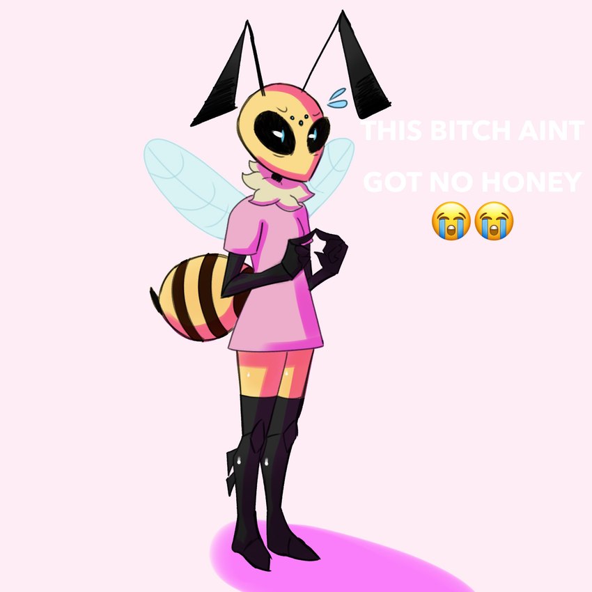 antennae_(anatomy) anthro arthropod_abdomen black_body black_exoskeleton black_eyes bodily_fluids breasts clothed clothing dress emoji exoskeleton eyebrows featureless_feet feet female fingers fur index_to_index insect_wings medium_breasts minidress mouthless multicolored_body pink_background pink_clothing pink_shirt pink_topwear profanity pupils ruff shadow shirt simple_background solo standing stinger sweat sweatdrop tan_body tan_fur text three-quarter_view topwear white_pupils white_text wings yellow_body talons_tw arthropod bee hymenopteran insect 1:1 2024 cel_shading digital_media_(artwork) english_text full-length_portrait hi_res portrait shaded