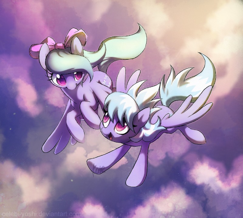 cloud cutie_mark duo feathered_wings feathers female feral flying hair multicolored_hair purple_body purple_eyes purple_feathers sky smile star two_tone_hair white_hair wings celebi-yoshi friendship_is_magic hasbro my_little_pony mythology cloud_chaser_(mlp) flitter_(mlp) equid equine mammal mythological_creature mythological_equine pegasus 2014 sibling_(lore) twins_(lore)