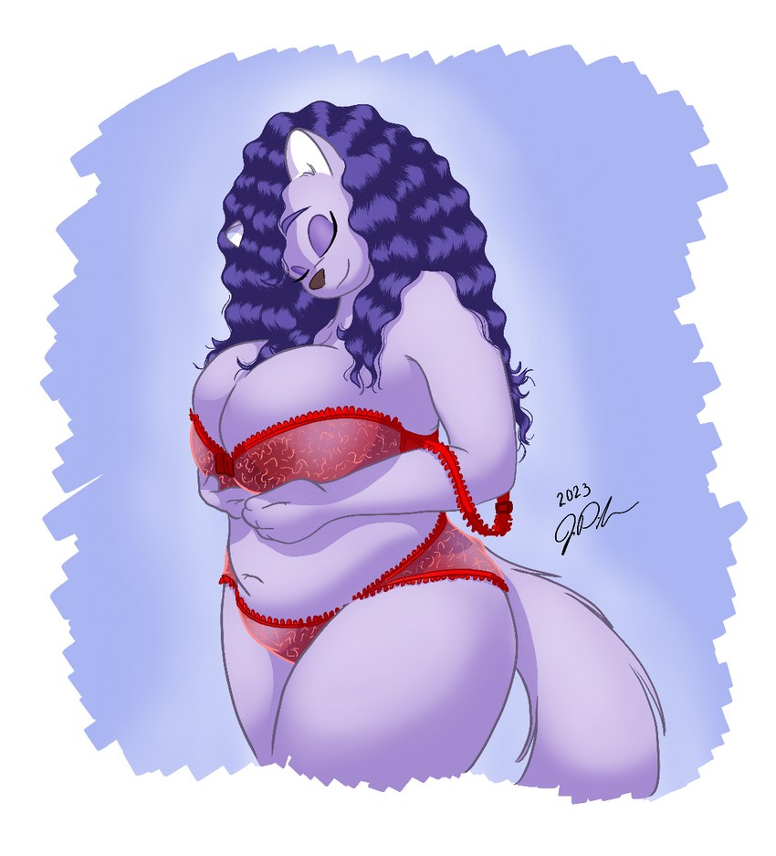 anthro big_breasts bra breasts clothing curly_hair female fur hair lingerie pose purple_body purple_fur purple_hair slightly_chubby solo translucent translucent_clothing underwear wavy_hair peterandwhitney whitney_(pnc) felid feline mammal hi_res pinup