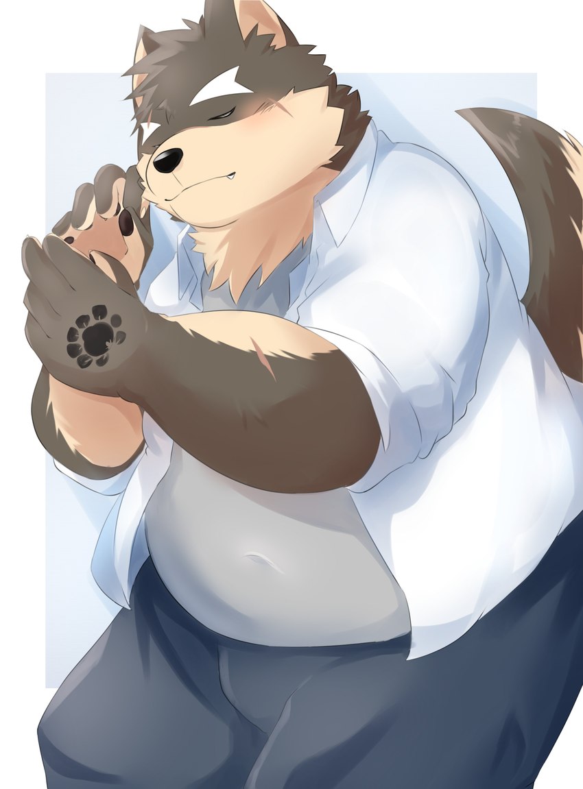 anthro belly blush eyebrows facial_scar fur grey_body grey_fur lying male navel_outline on_side overweight scar sleeping solo thick_eyebrows higa1232 lifewonders tokyo_afterschool_summoners moritaka_(tas) canid canine canis domestic_dog mammal absurd_res hi_res