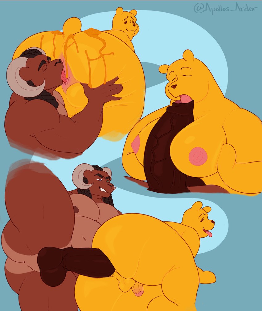 anal anal_penetration anthro anus balls big_balls big_butt big_pecs big_penis biped black_hair brown_body brown_fur brown_nipples brown_penis butt butt_grab curled_horn dominant dominant_anthro dominant_male dreadlocks duo erection fellatio food food_fetish food_play foreskin foreskin_play fur genitals hair hand_on_butt heterochromia honey_(food) horn licking male male/male male_penetrated male_penetrating male_penetrating_male moobjob moobs musclegut muscular muscular_male nipples nude open_mouth oral pecs penetration penile penis pink_nipples rimming rimming_male sex simple_background size_difference small_penis smile spread_butt spreading submissive submissive_anthro submissive_male tail thick_thighs tongue tongue_in_foreskin vein veiny_penis yellow_body yellow_fur apollosardor disney winnie_the_pooh_(franchise) pooh_bear umber_(umberdooks) bear bighorn_sheep bovid caprine hybrid mammal sheep ursine absurd_res digital_media_(artwork) hi_res