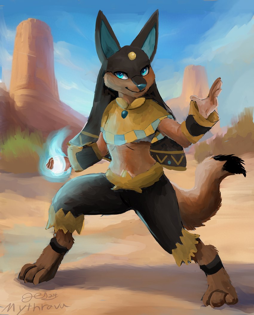 3_toes 5_fingers ambiguous_gender anthro biped black_bottomwear black_clothing black_ears black_shorts blue_eyes blue_fire blue_inner_ear blue_magic blue_nose blue_sky bottomwear brown_body brown_fur brown_tail clothing colored_fire day detailed_background digitigrade egyptian egyptian_clothing egyptian_headdress elemental_manipulation feet fingers fire fire_manipulation fur jackal_ears jackal_tail looking_at_viewer magic magic_user mesa_(landscape) nature nature_background nemes_(clothing) outside plant pose sand shorts shrub sky solo standing tail toes mythrava egyptian_mythology middle_eastern_mythology mythology palworld pocketpair anubian_jackal anubis_(pal) canid canine canis jackal mammal pal_(species) 2024 colored dated digital_media_(artwork) digital_painting_(artwork) full-length_portrait hi_res painting_(artwork) portrait signature