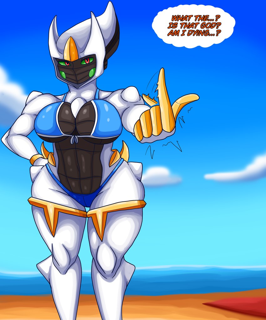 anthro beach breasts clothing curvy_figure dialogue female gesture gesturing_at_viewer green_eyes offscreen_character offscreen_male solo swimwear thick_thighs thought_bubble wide_hipped_female wide_hips arisenleaf nintendo pokemon arceus generation_4_pokemon legendary_pokemon pokemon_(species) 5:6 absurd_res hi_res