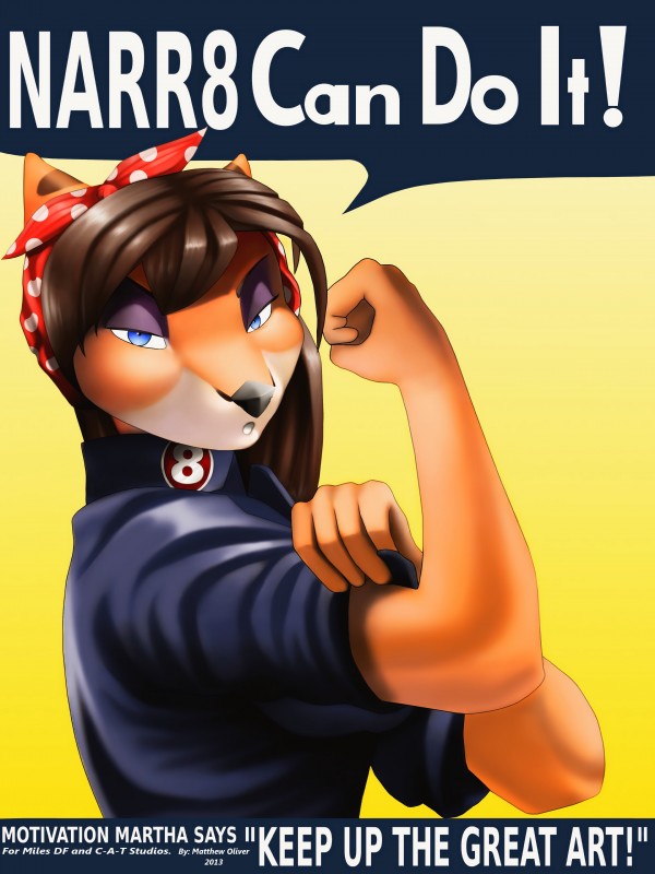 anthro blue_eyes brown_hair clothed clothing dialogue female hair half-closed_eyes kerchief looking_at_viewer narrowed_eyes open_mouth simple_background solo speech_bubble text woadedfox narr8 prodigal_angel we_can_do_it! rosie_the_riveter canid canine fox mammal 3:4 absurd_res english_text hi_res